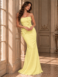 White Strapless Mermaid Maxi Dress with 3D Floral Appliques