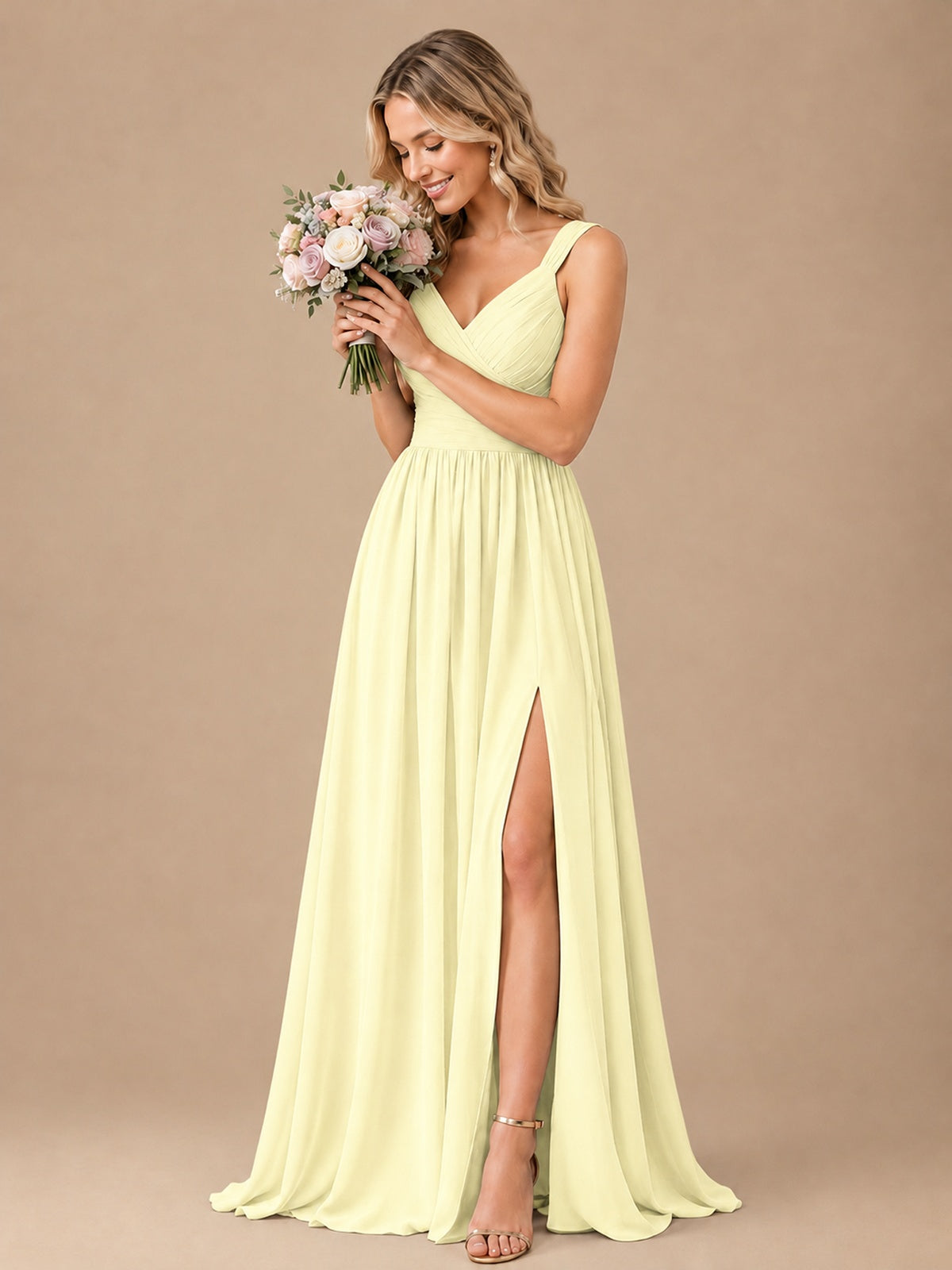 Pleated Chiffon V Neck Wedding Bridesmaid Dresses Floor Length with Slit