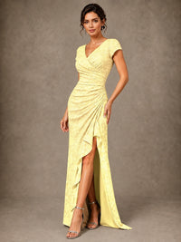 V-Neck Floral Jacquard Mother of the Bride Dress with Slit