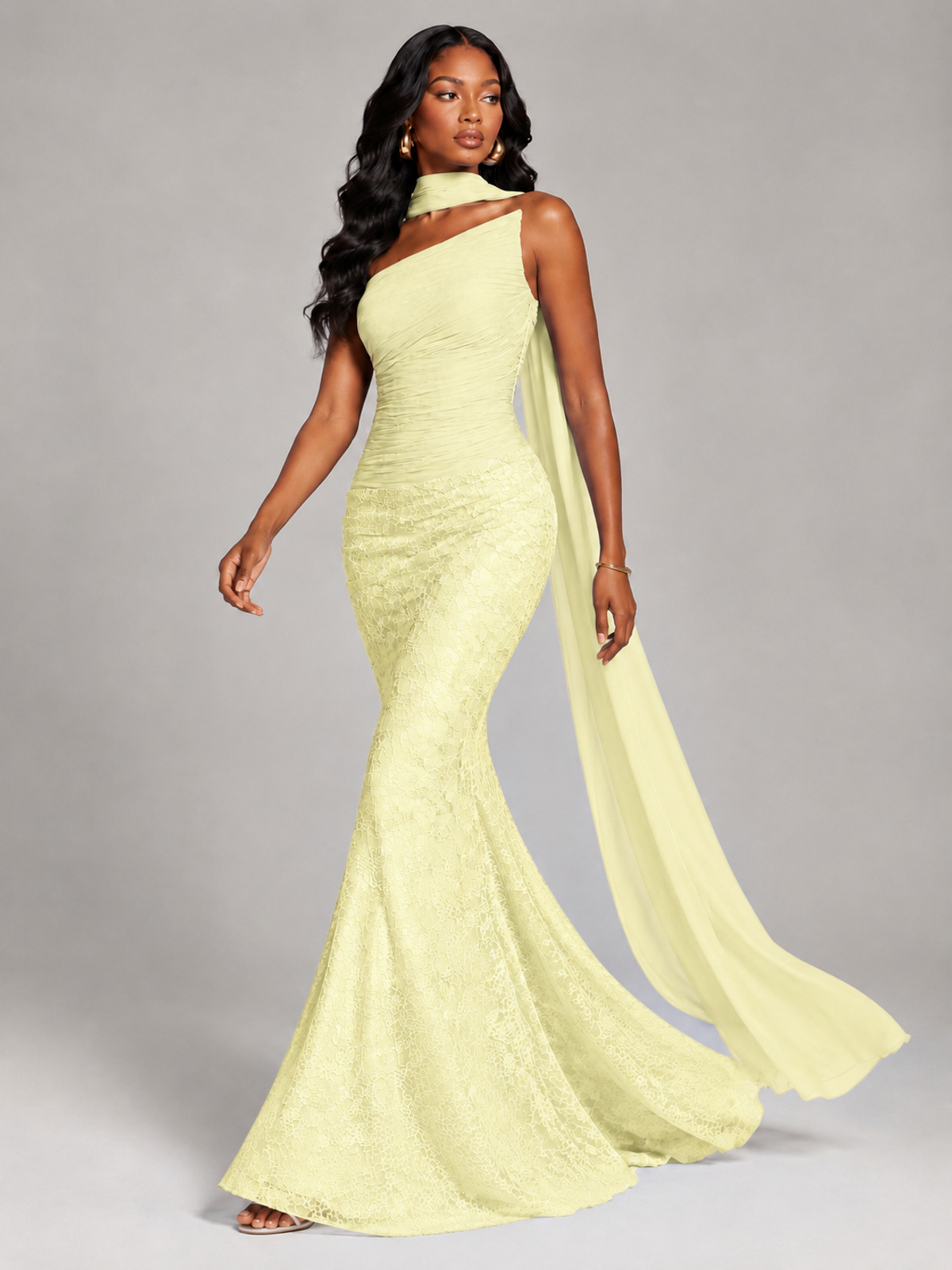 Pleated Chiffon Lace Prom Dresses Long Bodycon Mermaid with Scarf