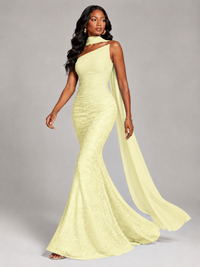 Pleated Chiffon Lace Prom Dresses Long Bodycon Mermaid with Scarf