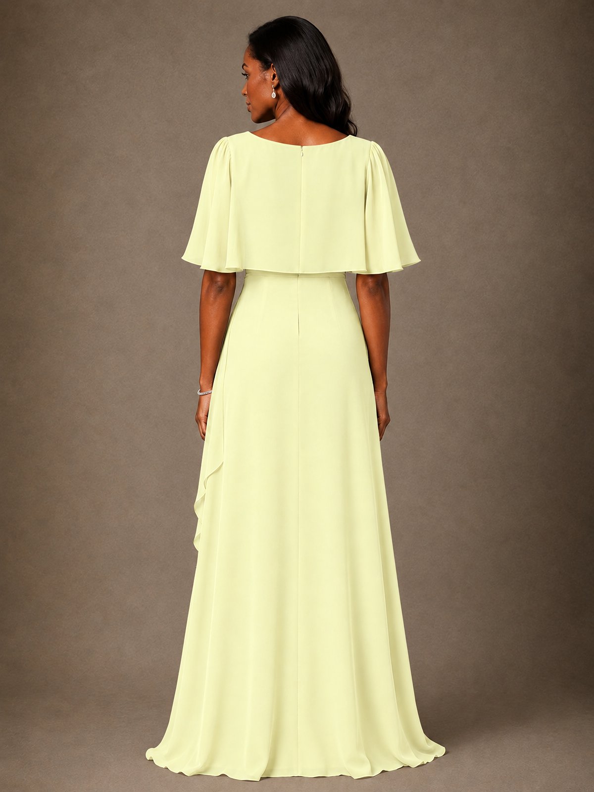 Taupe Chiffon A-Line Mother of the Bride Dress with Cape Sleeves