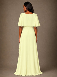 Taupe Chiffon A-Line Mother of the Bride Dress with Cape Sleeves