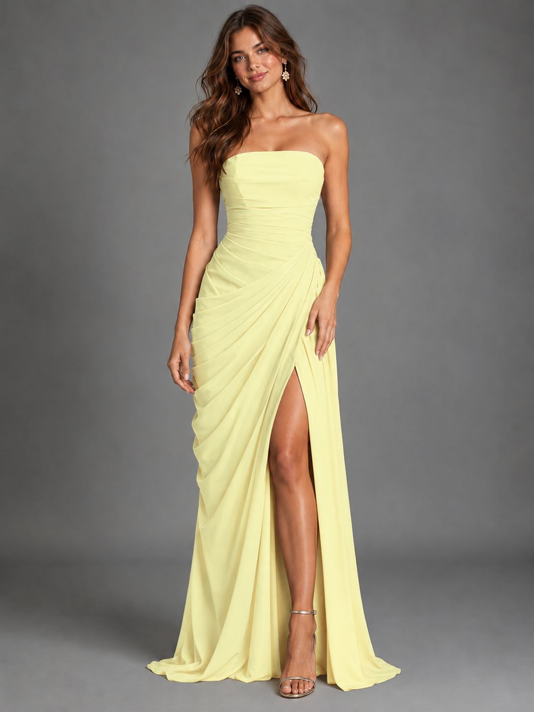 Strapless Bodycon Pleated Chiffon Formal Dress with Slit