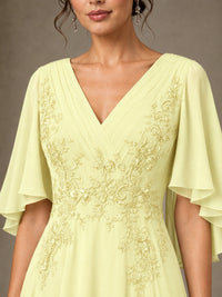 V-Neck Chiffon Lace Mother of the Bride Dress with Flutter Sleeves
