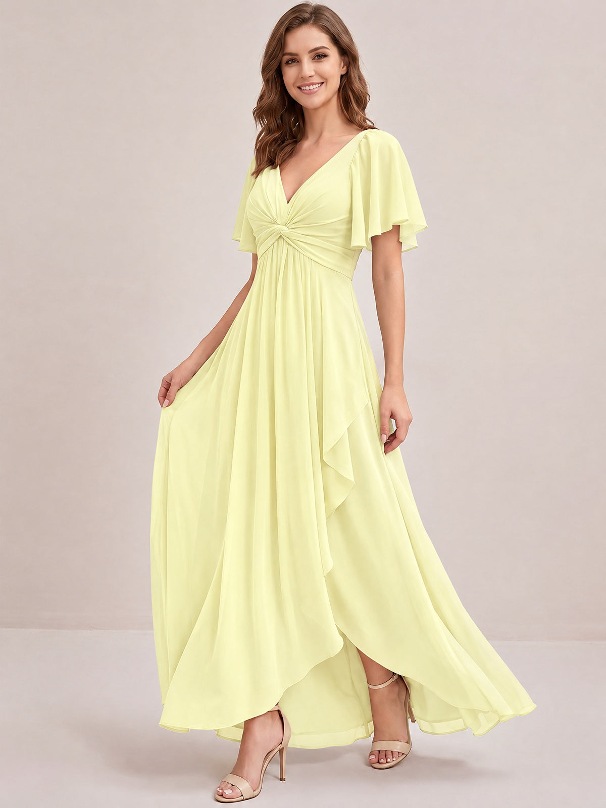 Dusty Blue Chiffon Bridesmaid Dress with Flutter Sleeves & High-Low Hem
