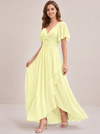 Dusty Blue Chiffon Bridesmaid Dress with Flutter Sleeves & High-Low Hem