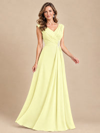 V Neck Pleated Mother of The Bride Dresses with Beading Cap Sleeves