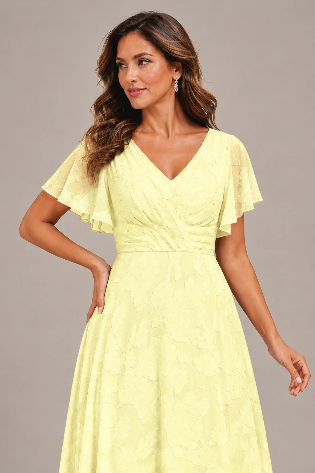 Jovellee Floral Chiffon A-Line Mother of the Bride Dress with Flutter Sleeves