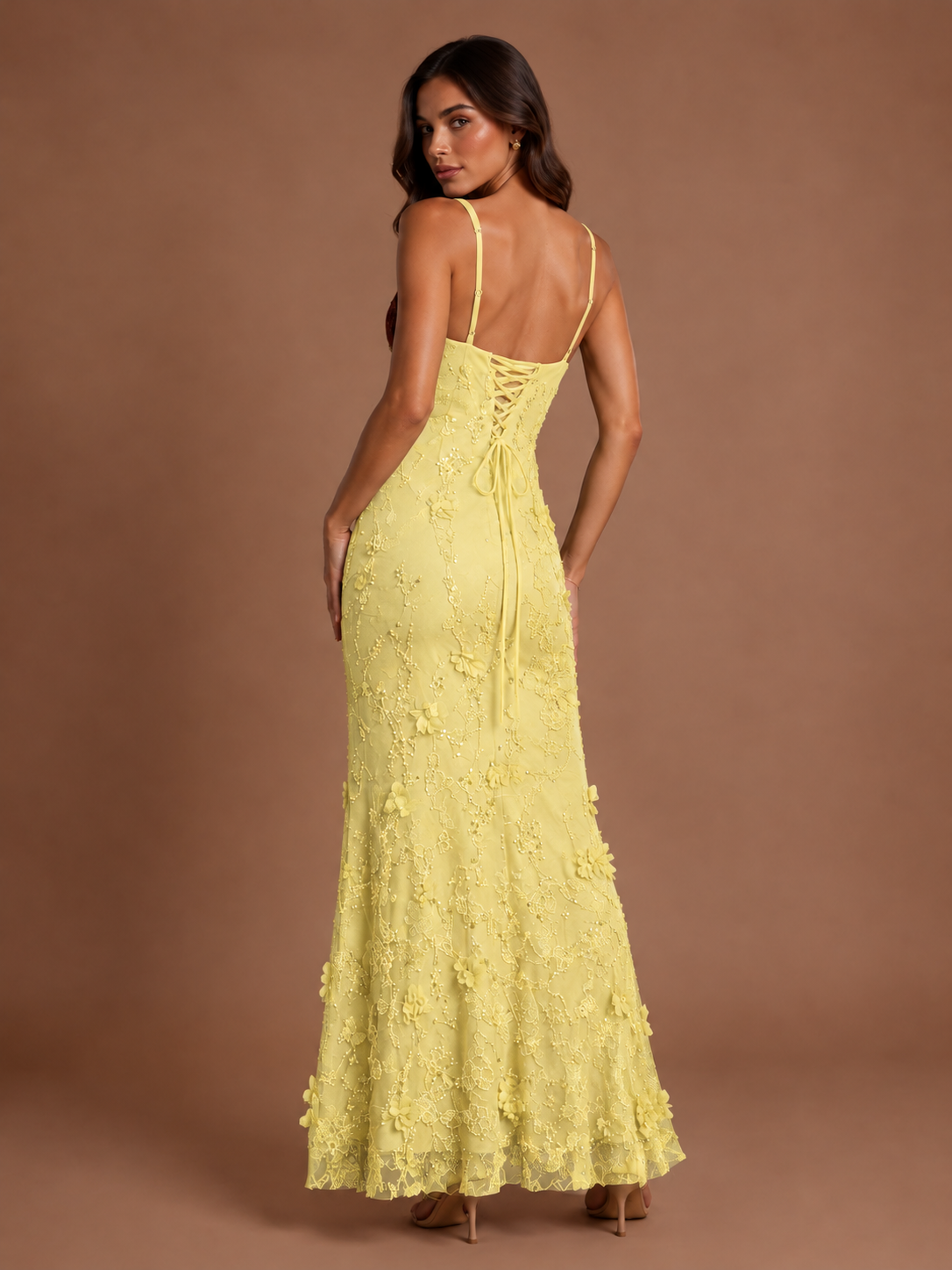 Floral Applique Mermaid Formal Dress with Lace-Up Back