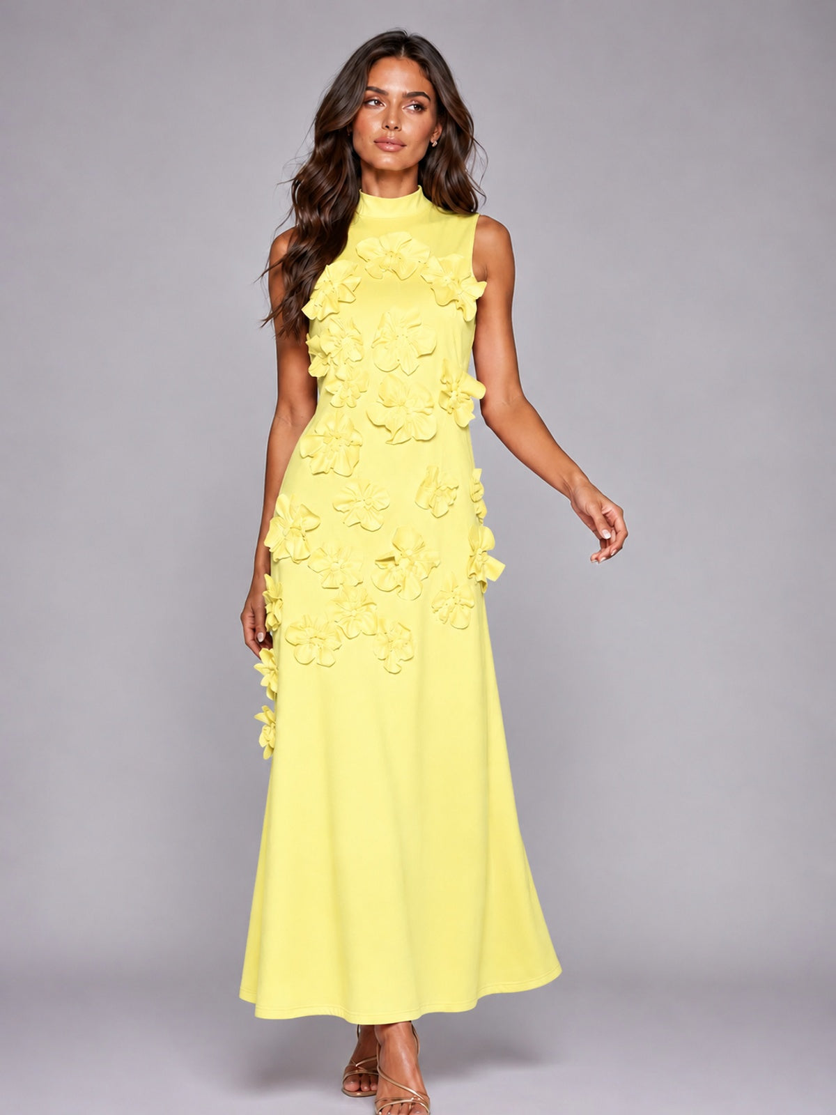3D Floral Applique High Neck Prom Maxi Dress