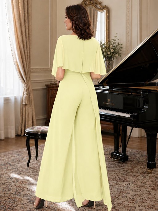 Chiffon Mother of the Bride Jumpsuit with Layered Cape Sleeves