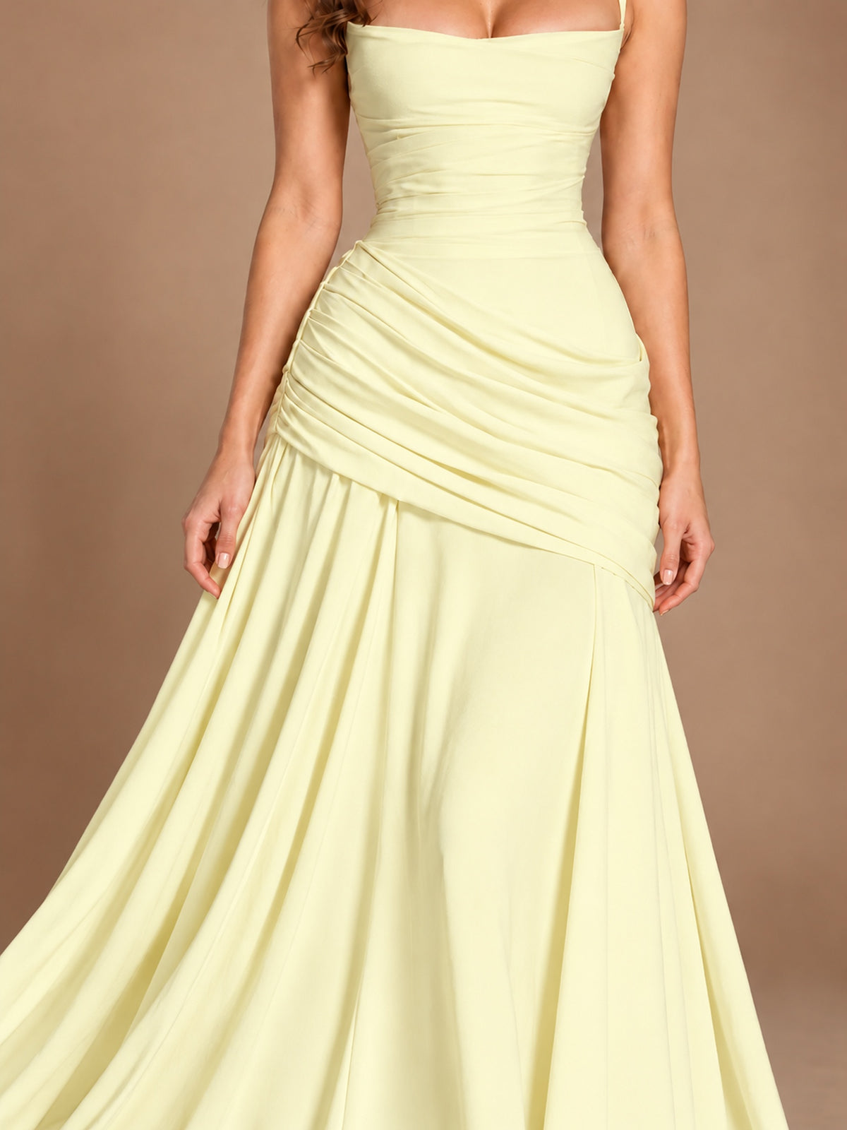 Butter Yellow Square Neck Ruched A-Line Prom Dress