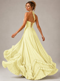 Halter V Neck Chiffon Formal Dress with Lace-Up Back and Ruffle Hem