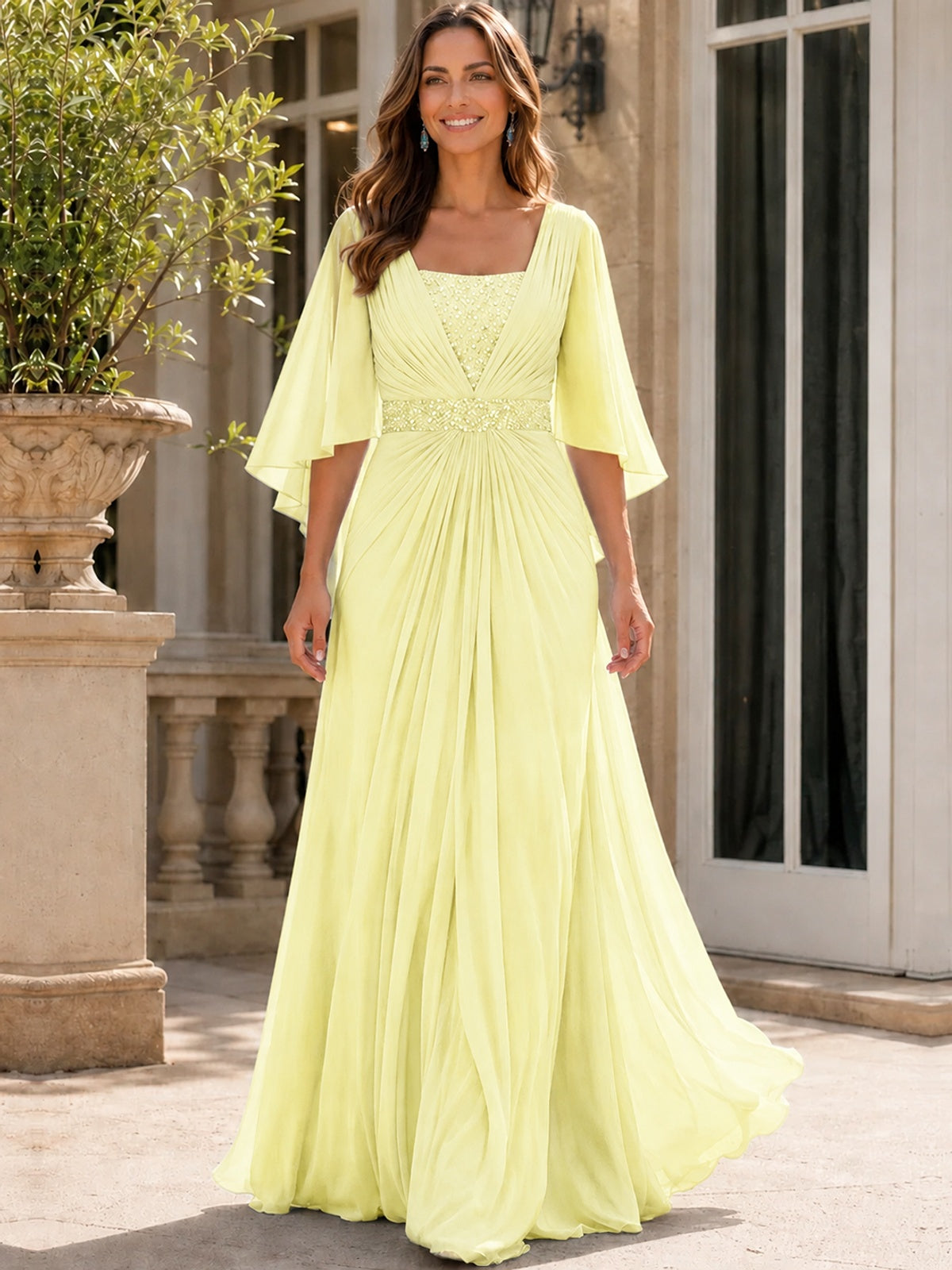 Elegant V-Neck Sequined Chiffon Mother of the Bride Dress with Flutter Sleeves