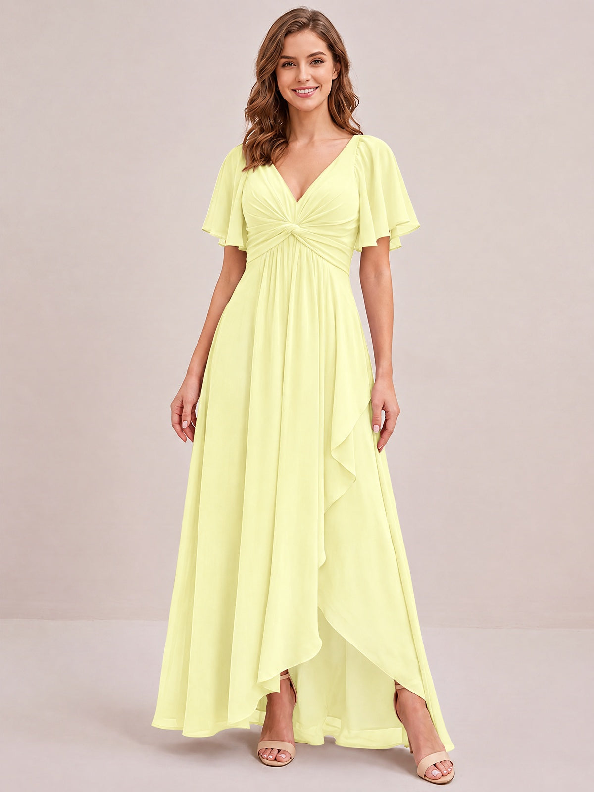 Dusty Blue Chiffon Bridesmaid Dress with Flutter Sleeves & High-Low Hem
