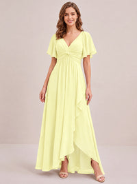 Dusty Blue Chiffon Bridesmaid Dress with Flutter Sleeves & High-Low Hem