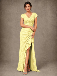 V-Neck Floral Jacquard Mother of the Bride Dress with Slit