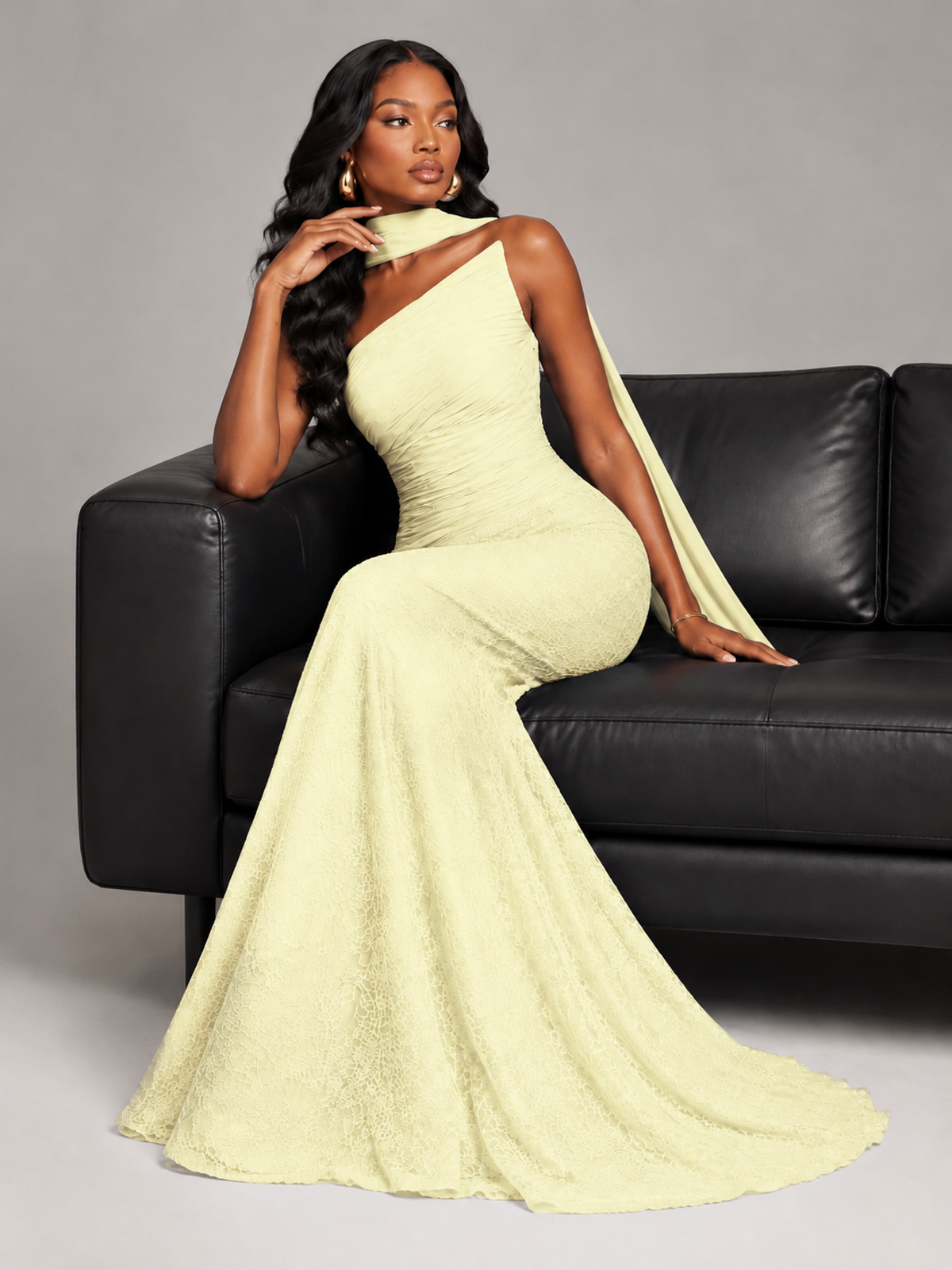 Pleated Chiffon Lace Prom Dresses Long Bodycon Mermaid with Scarf