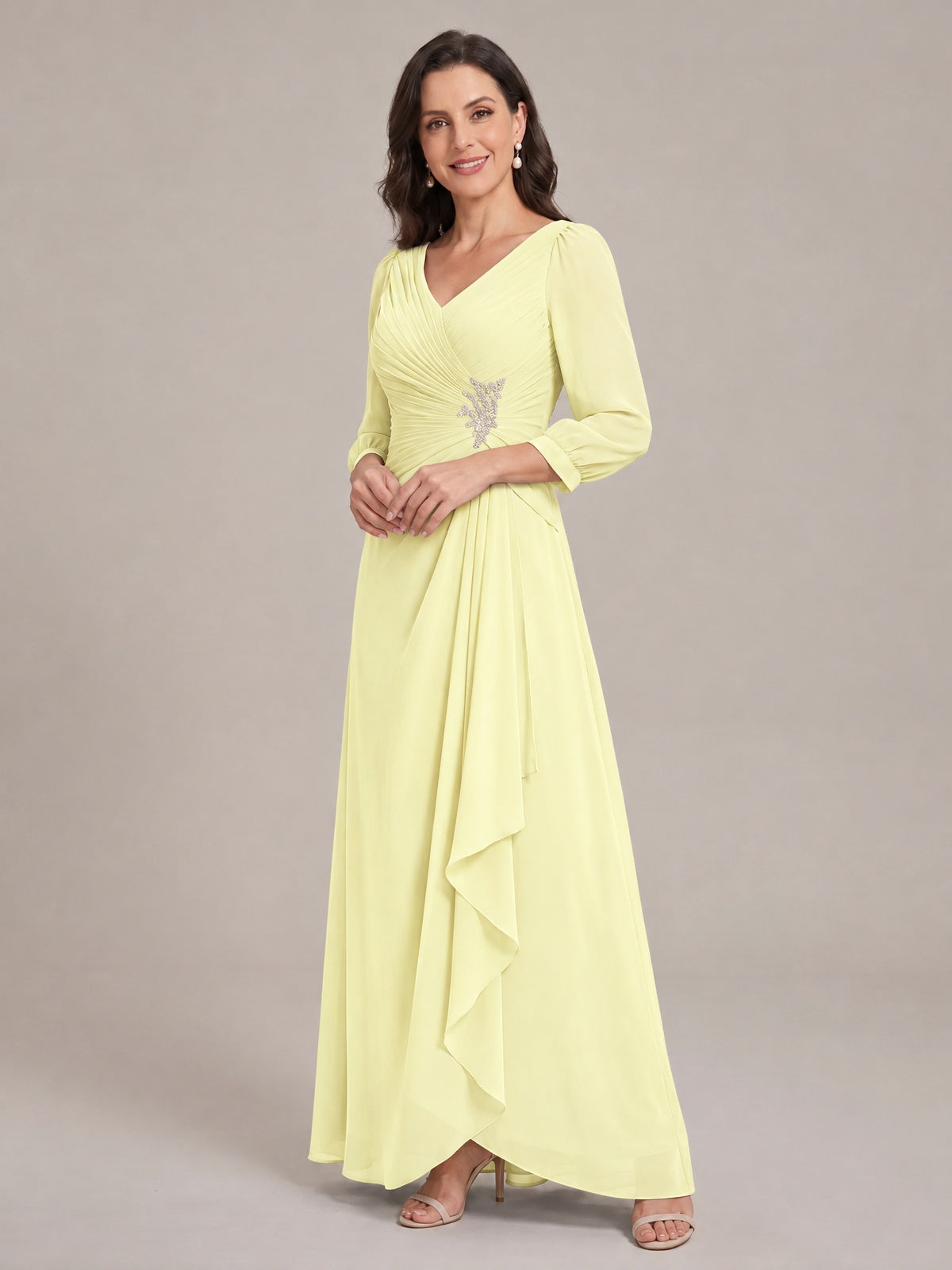 V-Neck Pleated Chiffon Mother of the Bride Dress with Flutter Sleeves