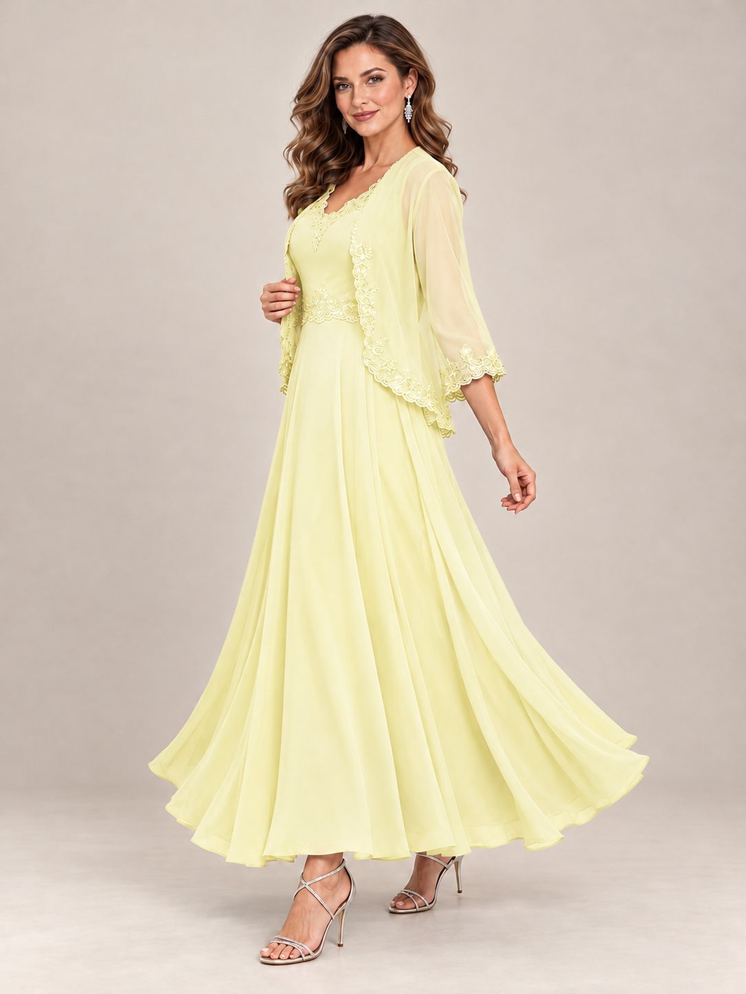 Dusty Blue Floral Lace Chiffon Mother of the Bride Dress with Jacket