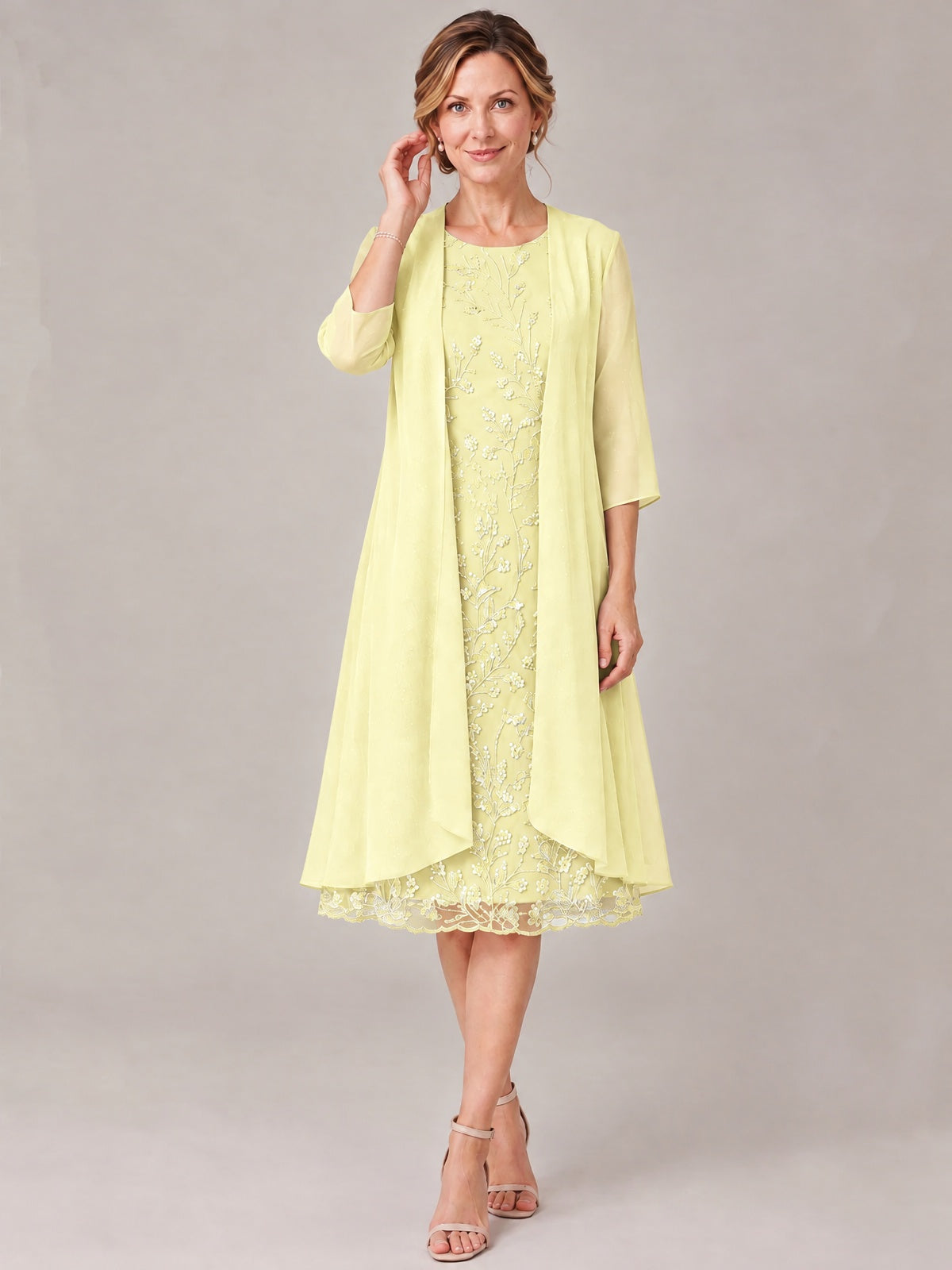 Tea Length Sequin Lace Mother of The Bride Dress with Chiffon Jacket