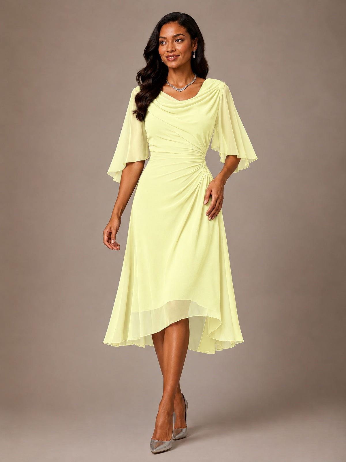 Cowl Neck Ruched Chiffon Mother of the Bride Dresses with Flutter Sleeves