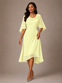 Cowl Neck Ruched Chiffon Mother of the Bride Dresses with Flutter Sleeves