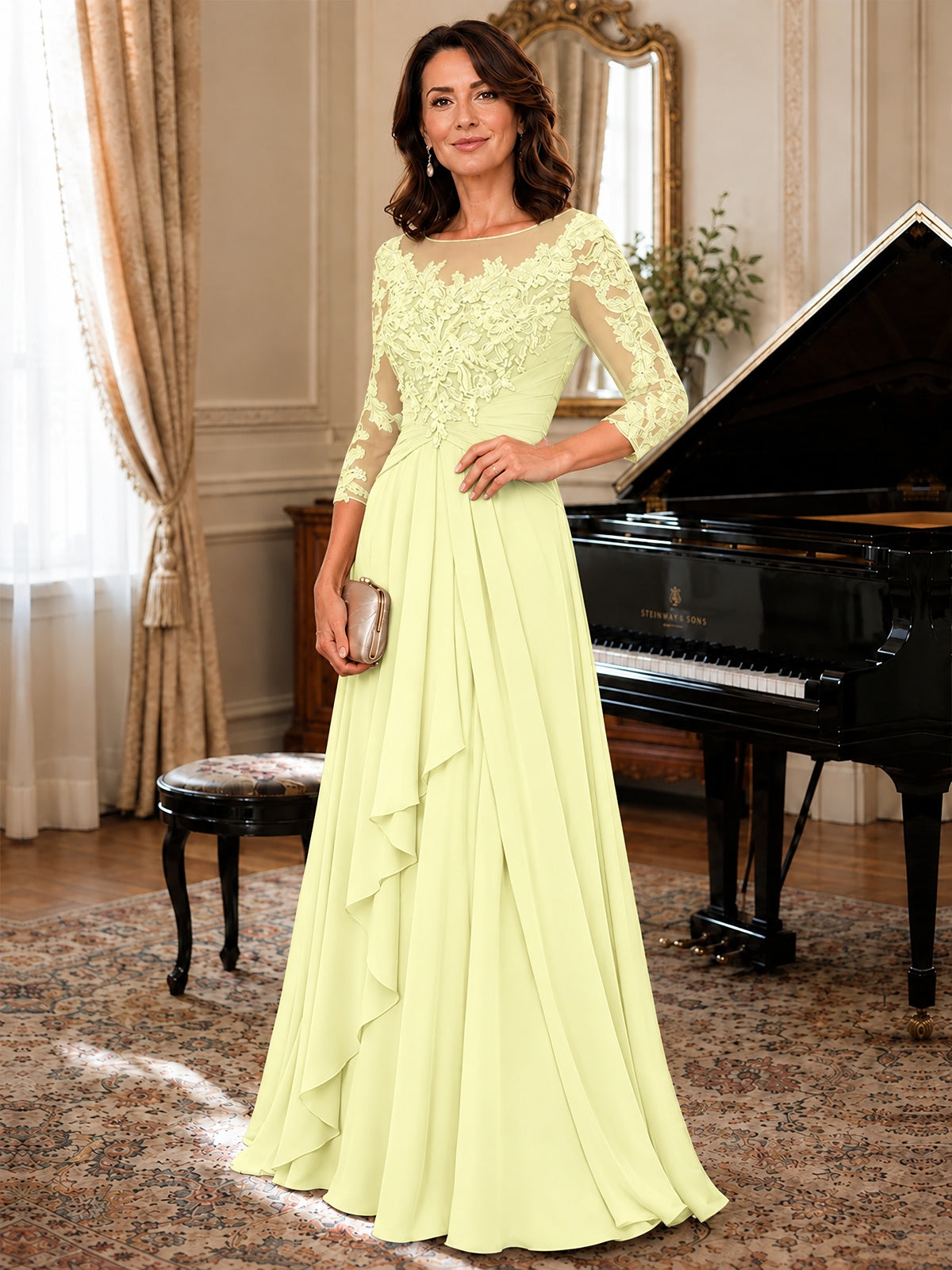 A-Line Chiffon Mother of the Bride Dress with Floral Applique 3/4 Sleeves