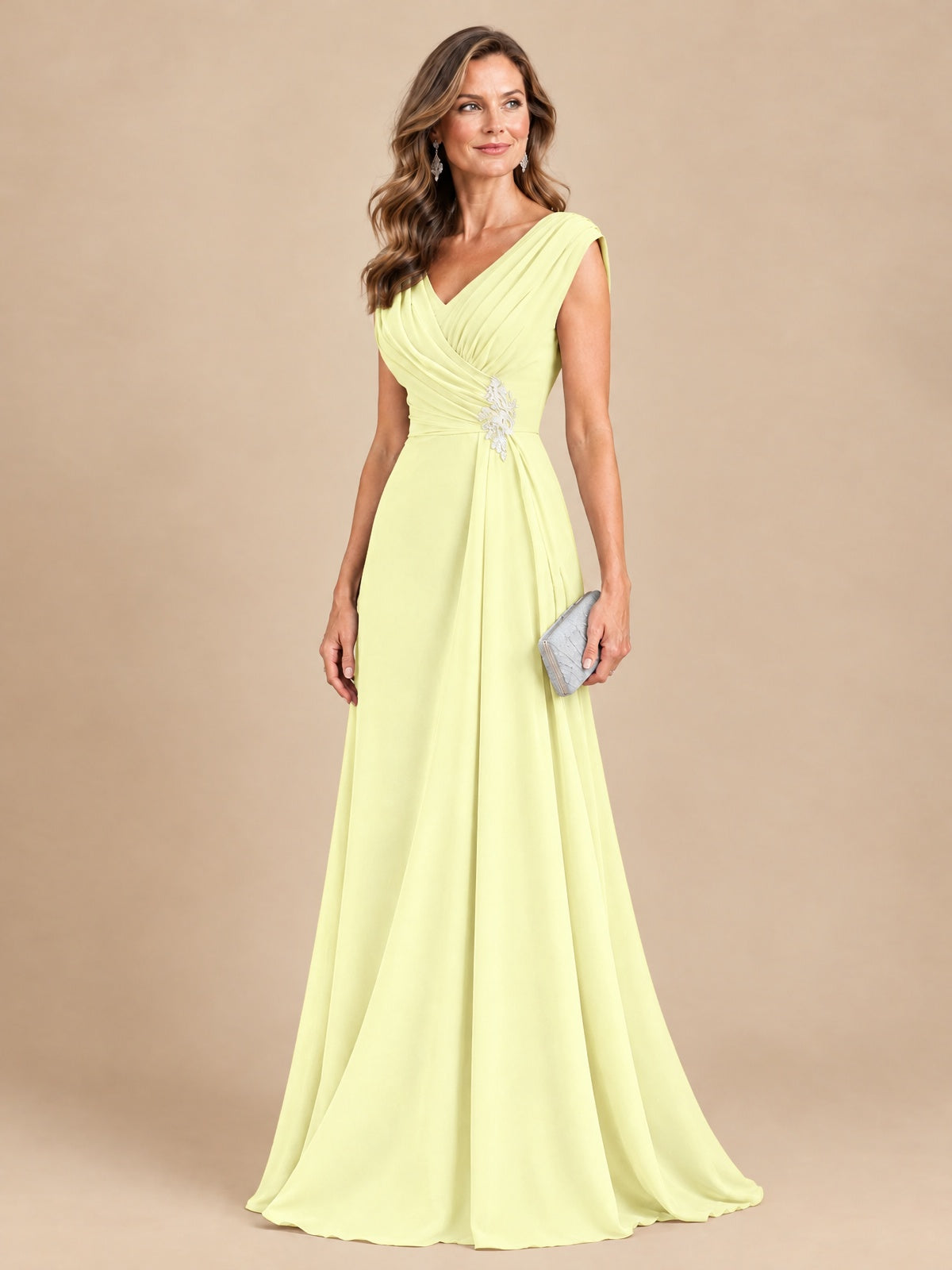 V Neck Pleated Mother of The Bride Dresses with Beading Cap Sleeves