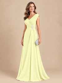 V Neck Pleated Mother of The Bride Dresses with Beading Cap Sleeves