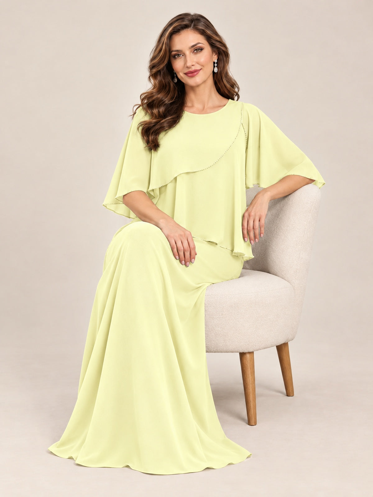 Cape Sleeve Mother of the Bride Dress with Asymmetrical Overlay