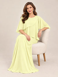 Cape Sleeve Mother of the Bride Dress with Asymmetrical Overlay