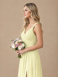 Pleated Chiffon V Neck Wedding Bridesmaid Dresses Floor Length with Slit