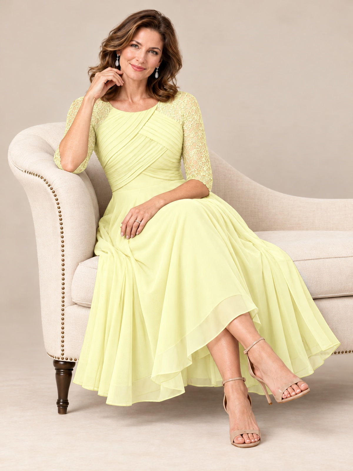 Tea-Length Mother of the Bride Dress with Lace 3/4 Sleeves