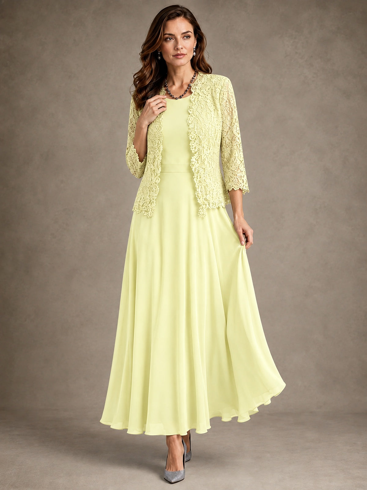 2-Piece Chiffon Mother of the Bride Dress with Lace Jacket