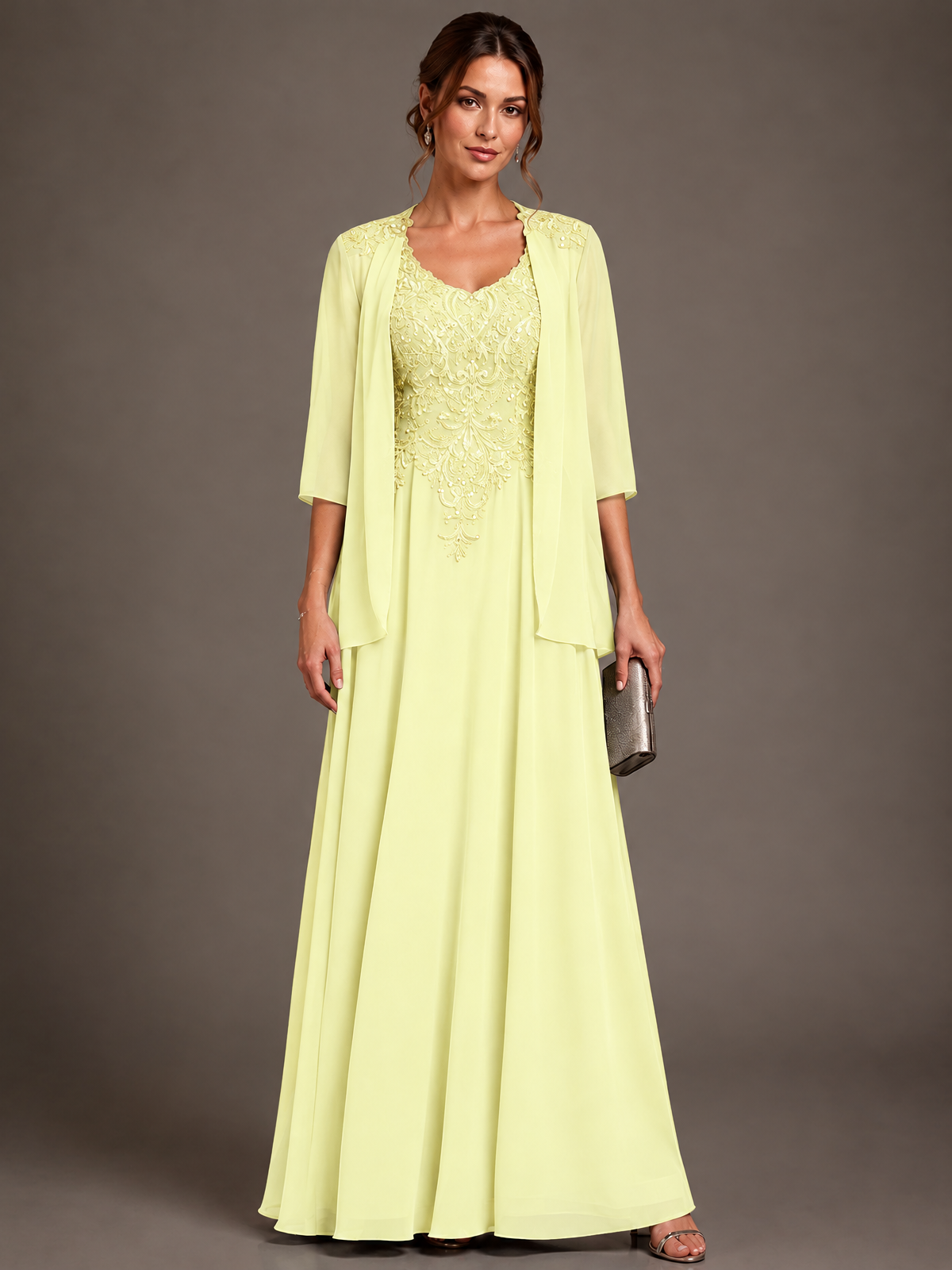 A-line 2 Pieces Chiffon Appliques Mother of The Bride Dresses with Jackets
