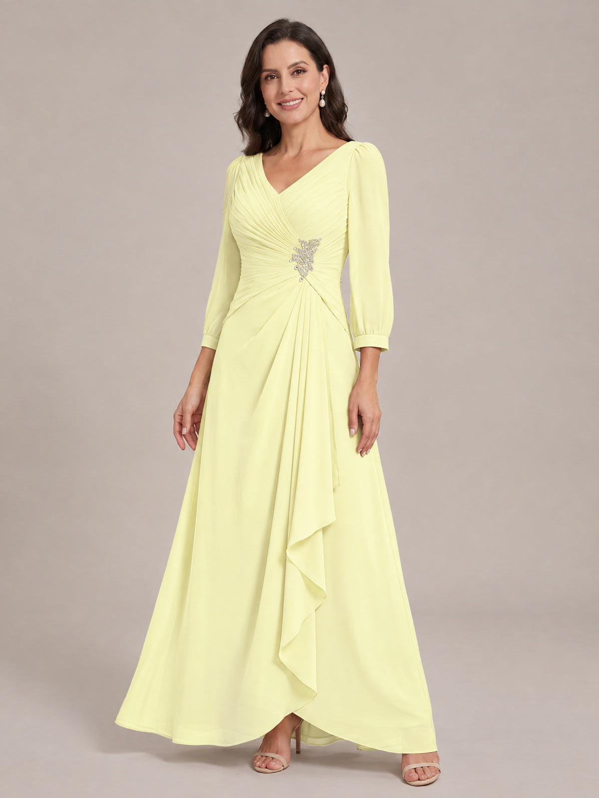 V-Neck Pleated Chiffon Mother of the Bride Dress with Flutter Sleeves