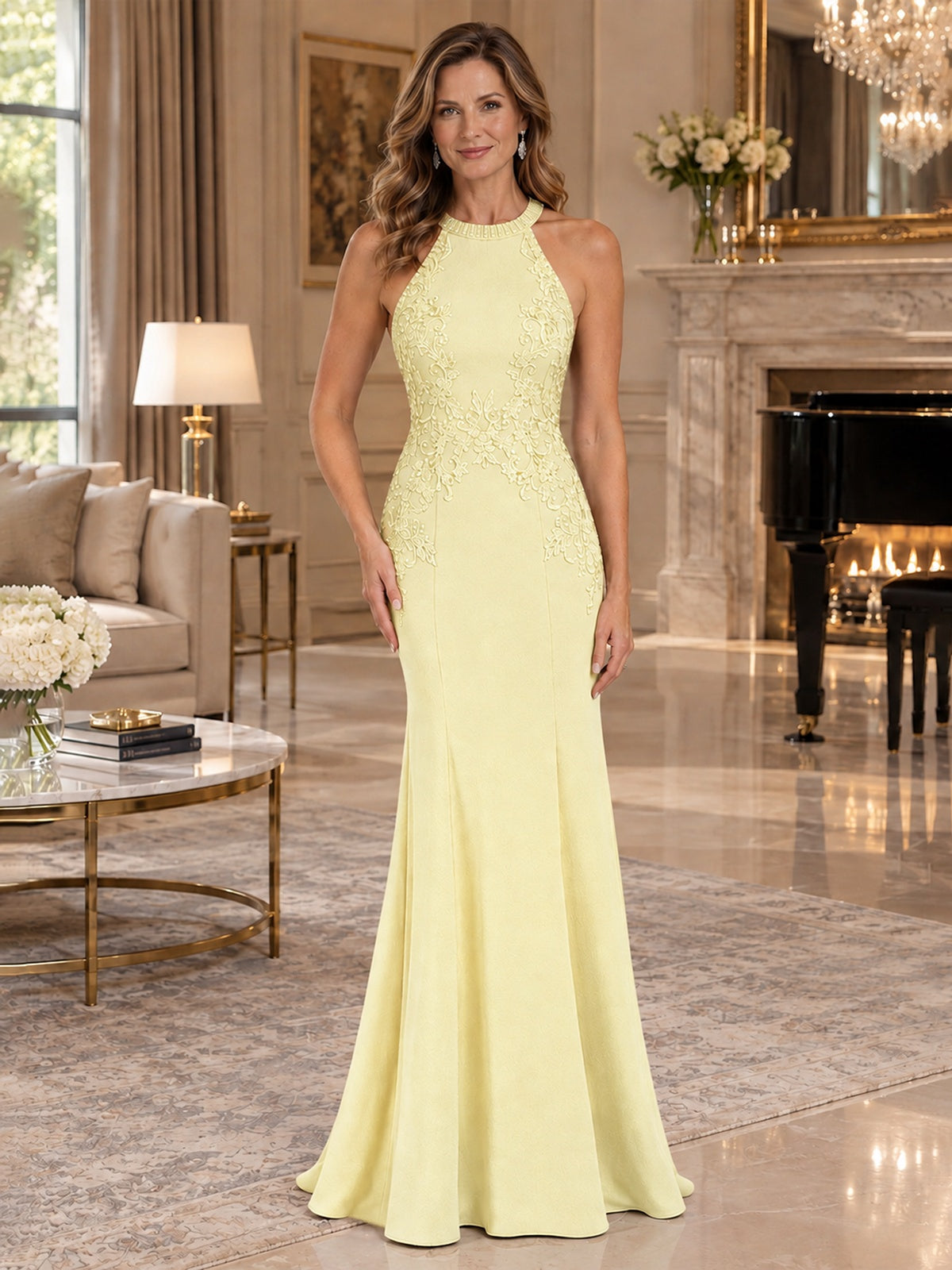 Halter Neckline Lace Appliques Mother of The Bride Dresses