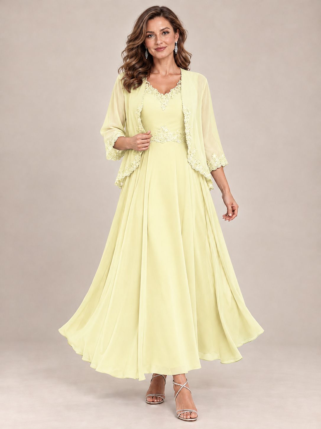 Dusty Blue Floral Lace Chiffon Mother of the Bride Dress with Jacket