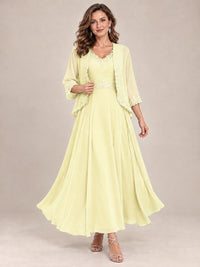 Dusty Blue Floral Lace Chiffon Mother of the Bride Dress with Jacket