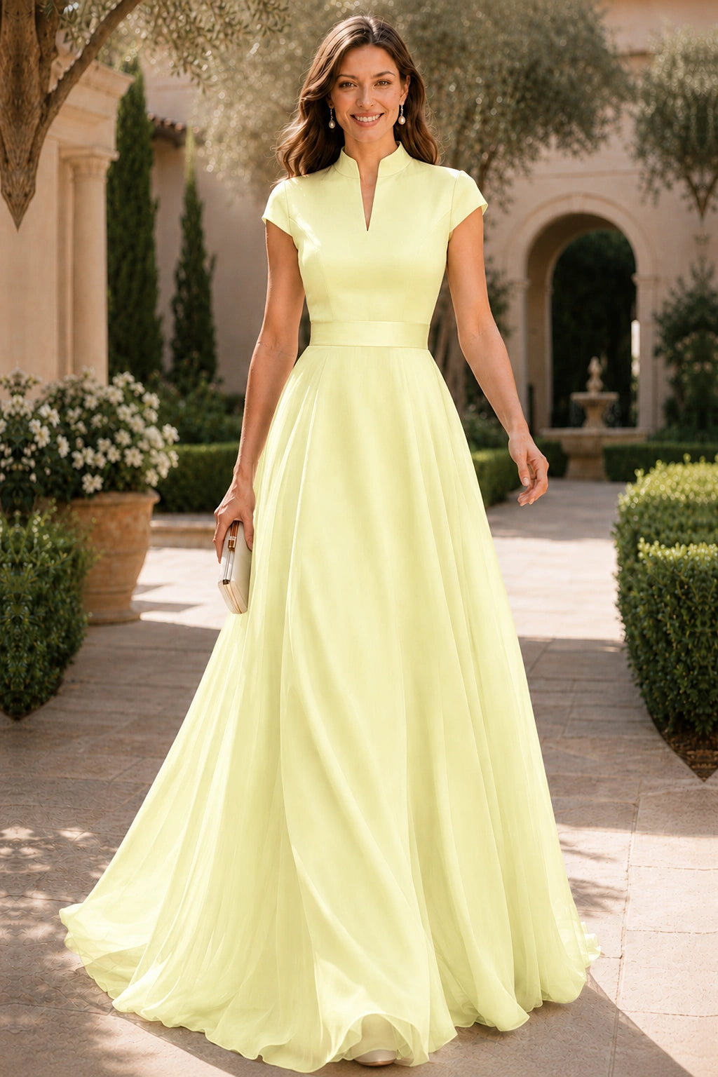 V Neck Cap Sleeve A-Line Floor-Length Satin Bridesmaid Dress