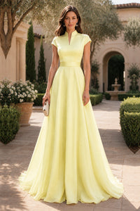 V Neck Cap Sleeve A-Line Floor-Length Satin Bridesmaid Dress