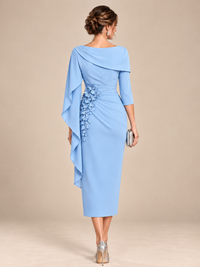 Light blue cape sleeve midi dress with floral appliqué detail