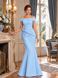 Light blue off shoulder mermaid gown with 3D floral appliqué details
