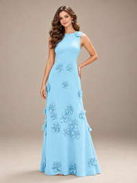 Light blue sleeveless formal dress by Jovellee featuring a fitted bodice and elegant 3D floral appliques