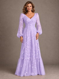 Dusty Rose Floral Embroidered A-Line Mother of the Bride Dress with Long Sleeves