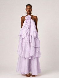 Orange Chiffon Halter Ruffle Maxi Dress with 3D Flower