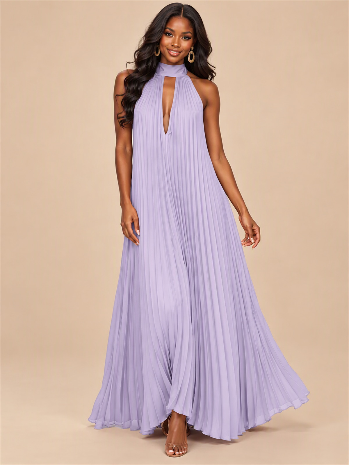 Rust Orange Pleated Halter Neck Maxi Dress