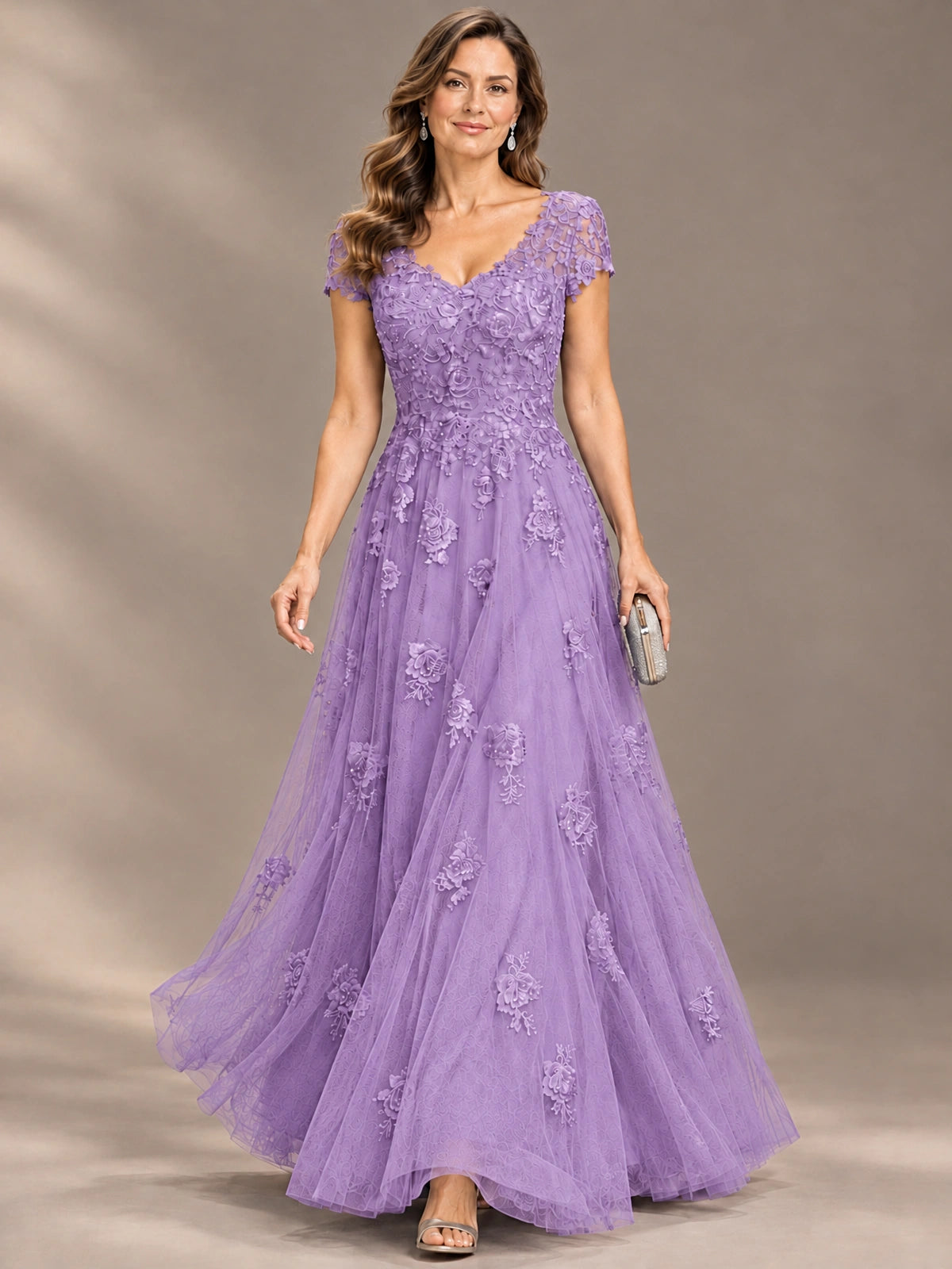 Lace Appliques A-line Mother of The Bride Dresses with Short Sleeves